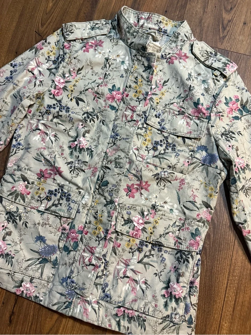 Girls H&M Floral Utility Jacket Size 6 Green Pink Button Front